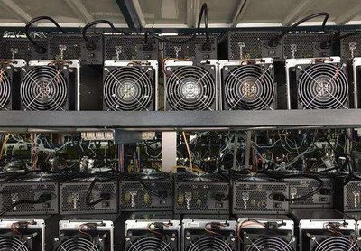 A vibrant illustration of a modern mining farm optimized for Kaspa operations